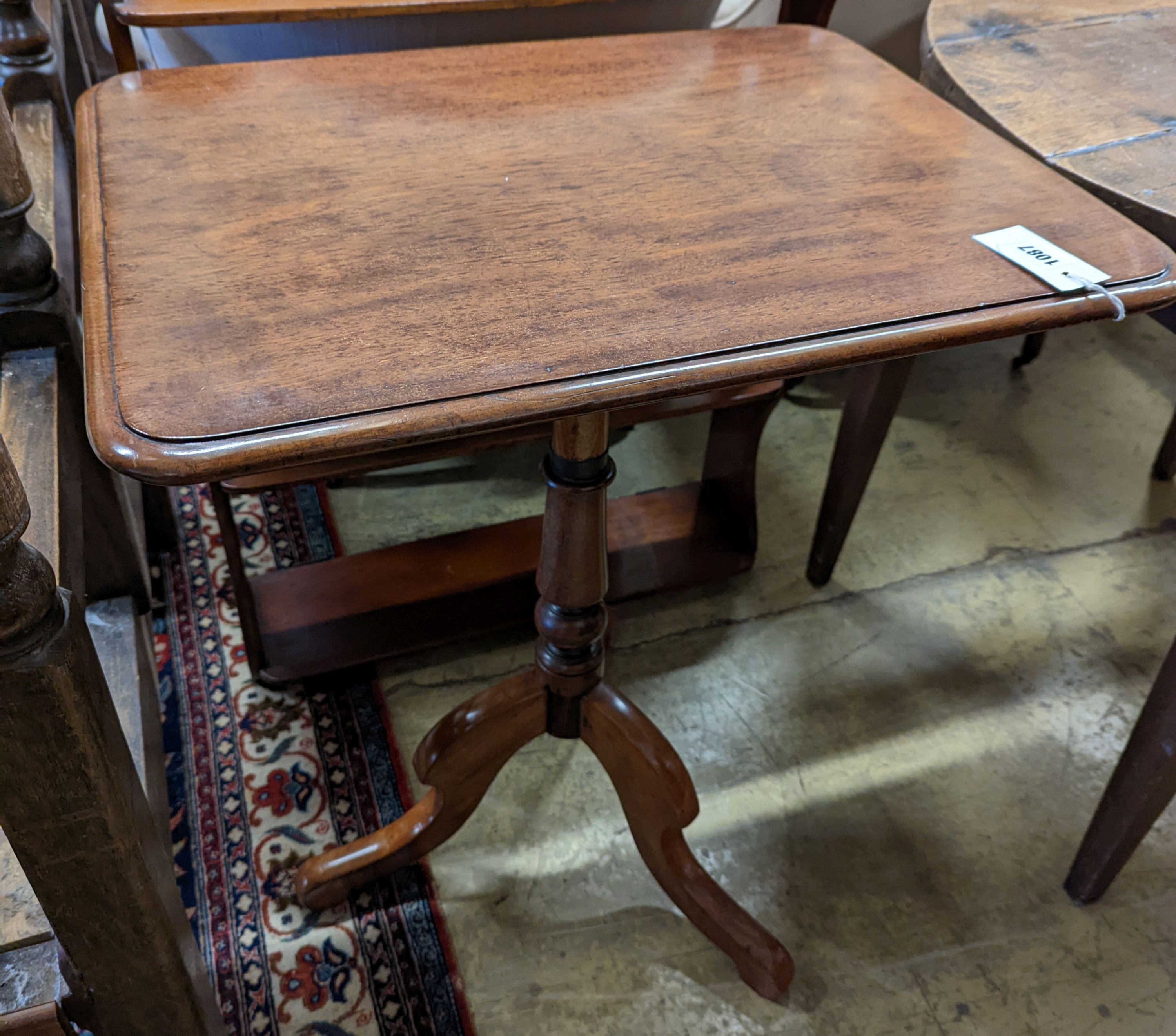 A Victorian rectangular mahogany tripod wine table, width 59cm, depth 46cm, height 70cm, together with a Victorian four tier wall bracket